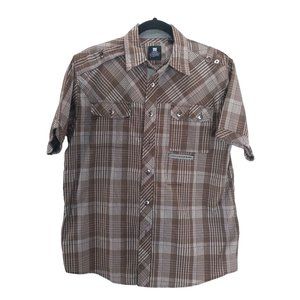 PJ mark men's button up plaid short sleeve front pocket shirt Large